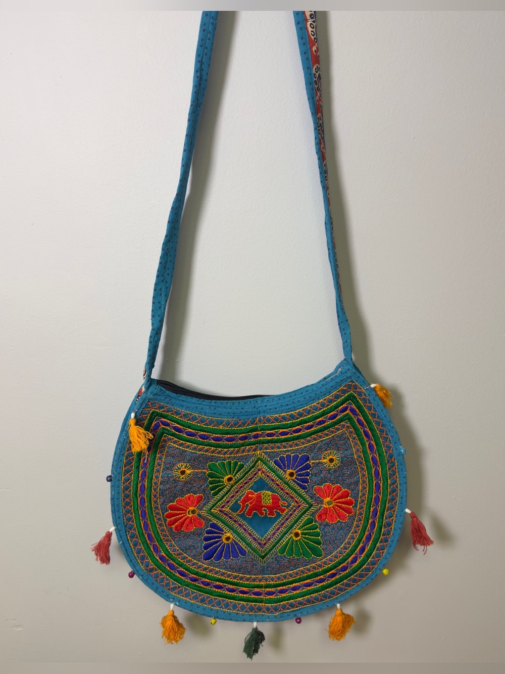 NEW Colorful Embroidered Blue Crossbody Bag w/Elephant Motif Handmade Artisan
